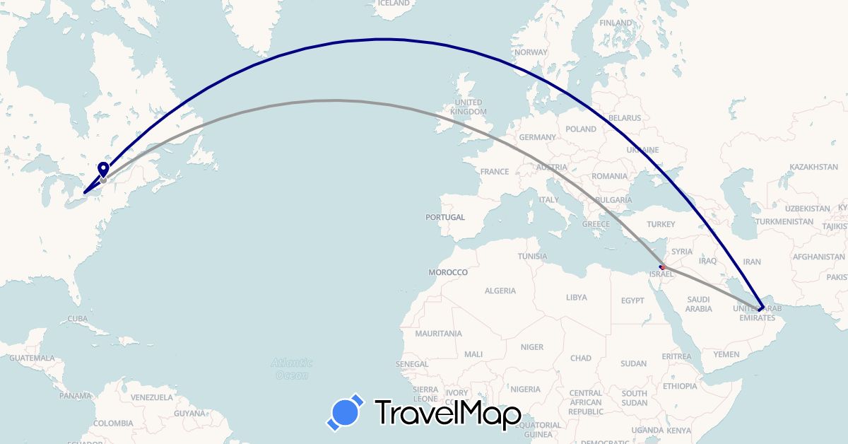 TravelMap itinerary: driving, plane, hiking in United Arab Emirates, Canada, United Kingdom, Israel, Jordan, Palestinian Territories (Asia, Europe, North America)